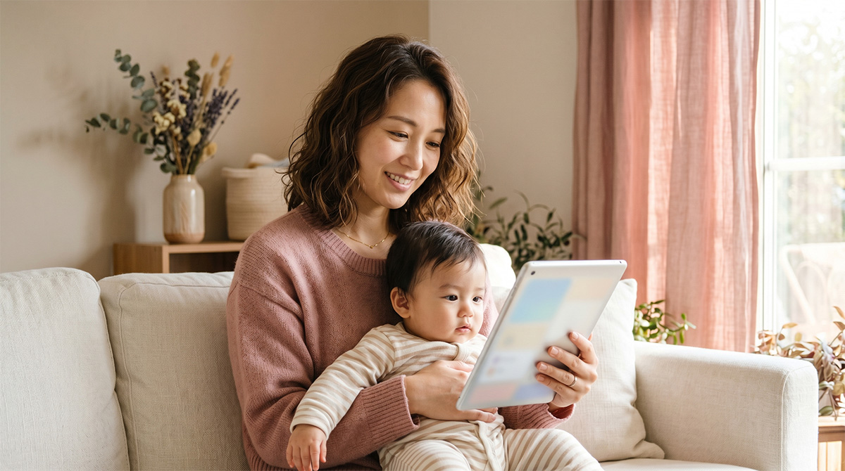 タブレットで教材を確認するママと赤ちゃん｜納得の教材選び