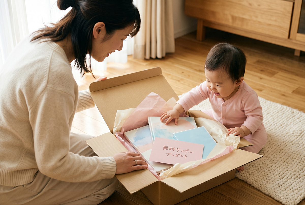無料サンプルを開封するママと赤ちゃん｜DWE資料請求